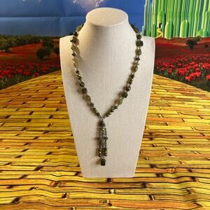 0072 Cookie Lee Romantic-Style Green & Gray Beaded Necklace w/Tassel